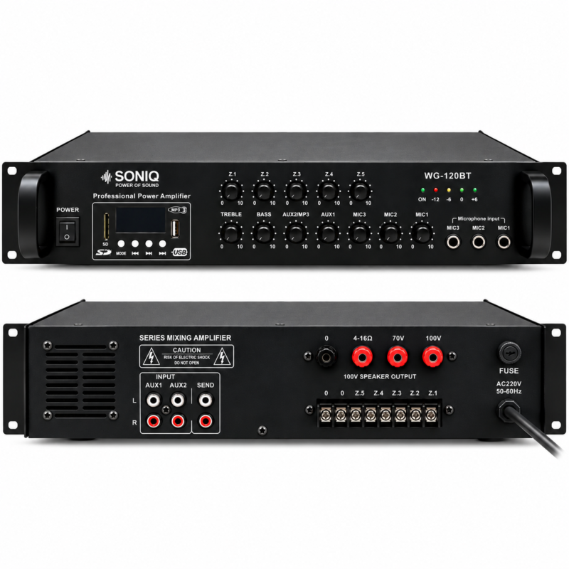 3a362640-1c47-41aa-9a8c-d89a225d141f SONIQ WG-120BT PROFESIONALNO POJAČALO 120W – Bluetooth / USB / FM / SD - Slika 1