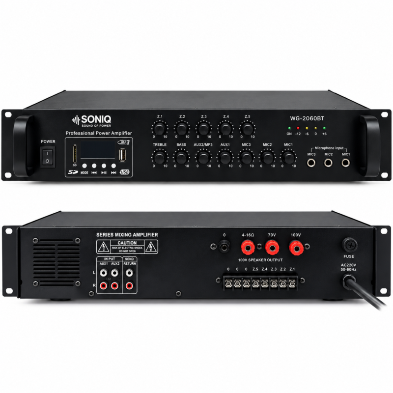 a2445f89-283c-40db-b3e1-b72b62626945 SONIQ WG-2060BT PROFESIONALNO POJAČALO 60W – Bluetooth / USB / FM / SD - Slika 1