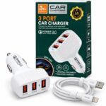 AUTO PUNJAČ ZA MOBILNI TELEFON 3X USB SA LIGHTNING KABLOM 1m