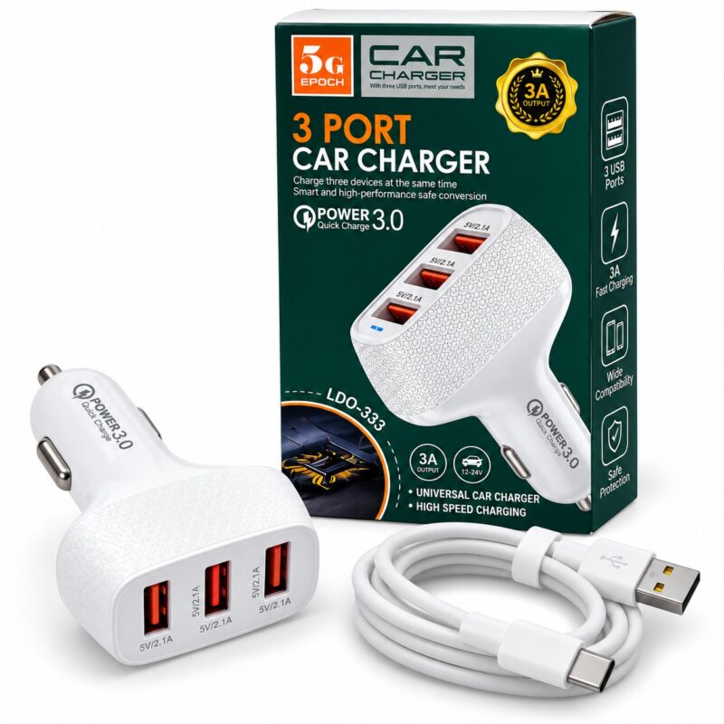 auto_punjac_3x_usb_type_c_kabl_1m AUTO PUNJAČ ZA MOBILNI TELEFON 3X USB SA TYPE-C KABLOM 1m - Slika 1