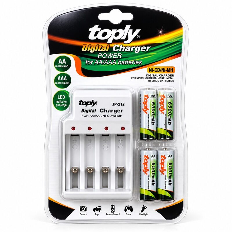 toply_jp212_4xaa_6500mah_white PUNJAČ ZA BATERIJE + 4× AA PUNJIVE BATERIJE 6500mAh - Slika 1