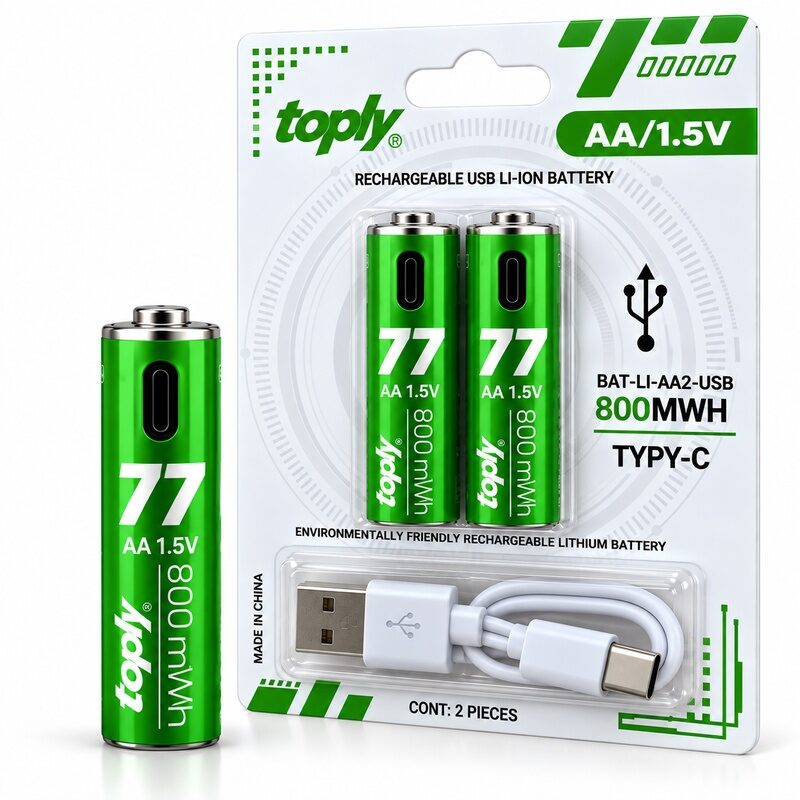 toply_usb_aa_15v_800mwh USB PUNJIVE BATERIJE AA 1.5V 800mWh – TYPE-C - Slika 1